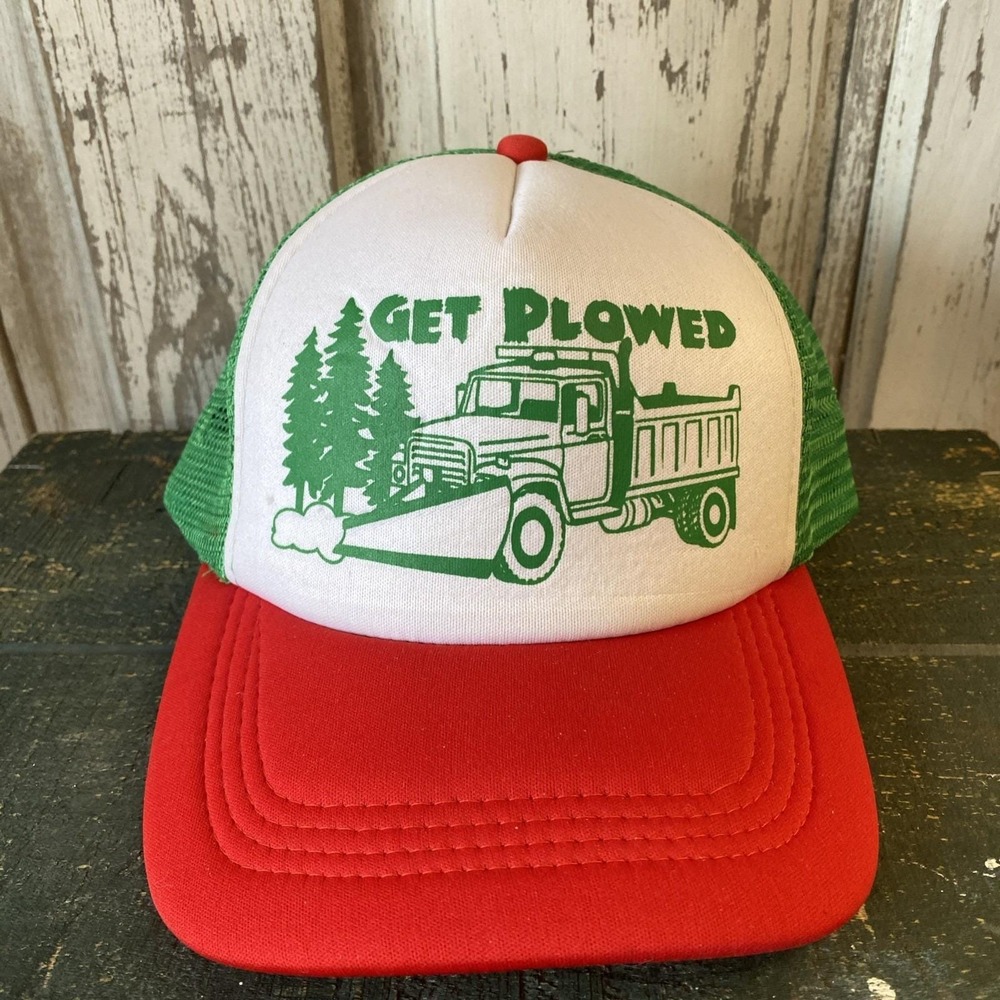 Vtg GET PLOWED Green/Red CHRISTMAS TRUCKER HAT Snapback Baseball Ball‎ Cap Hat
